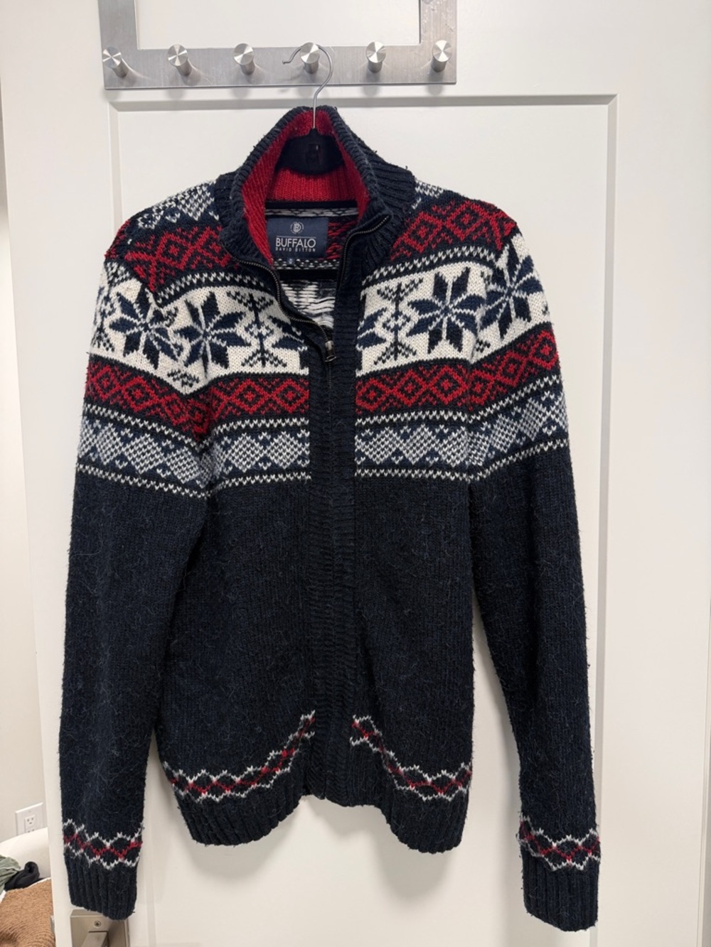 Buffalo David Bitton Navy Red White Fair Isle Zip Cardigan